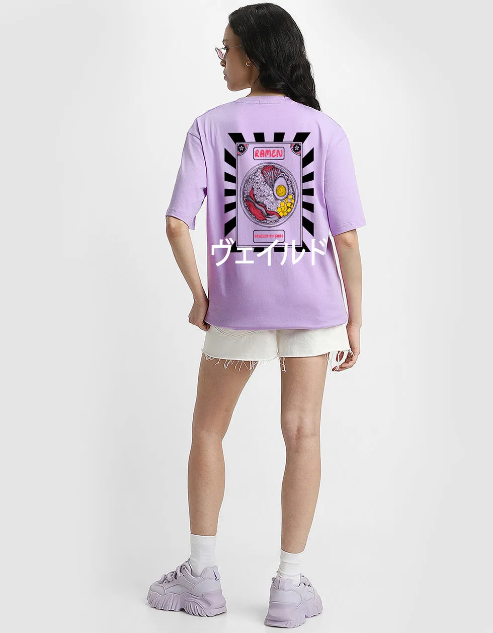 Ramen Women Lilac Oversized Back Graphic Printed Tshirt