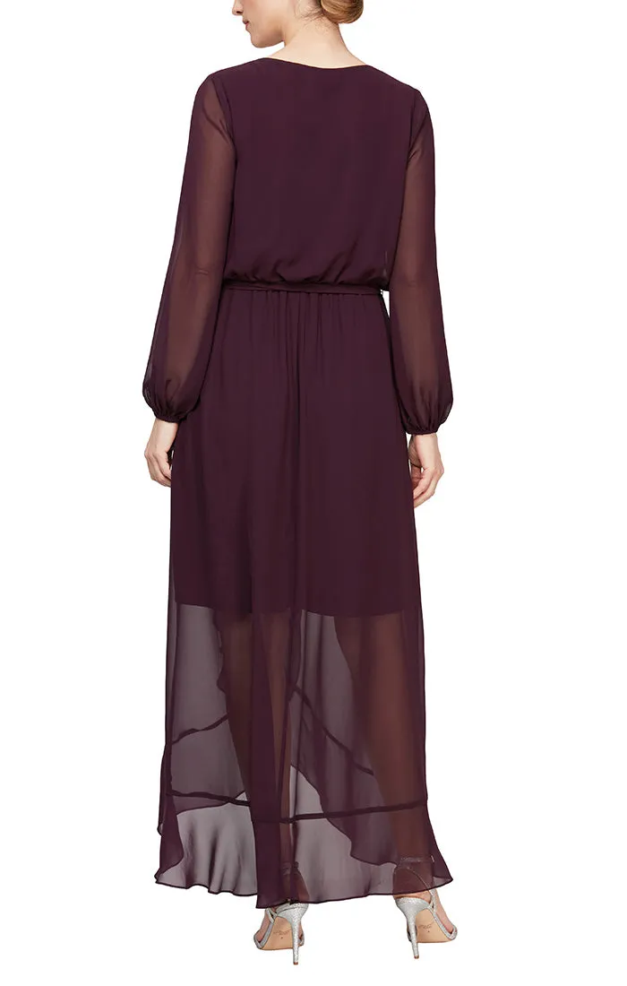 Regular- Midi Surplice Neckline Dress With Long Illusion Sleeves and Tulip Overlay Cascade High/Low Skirt