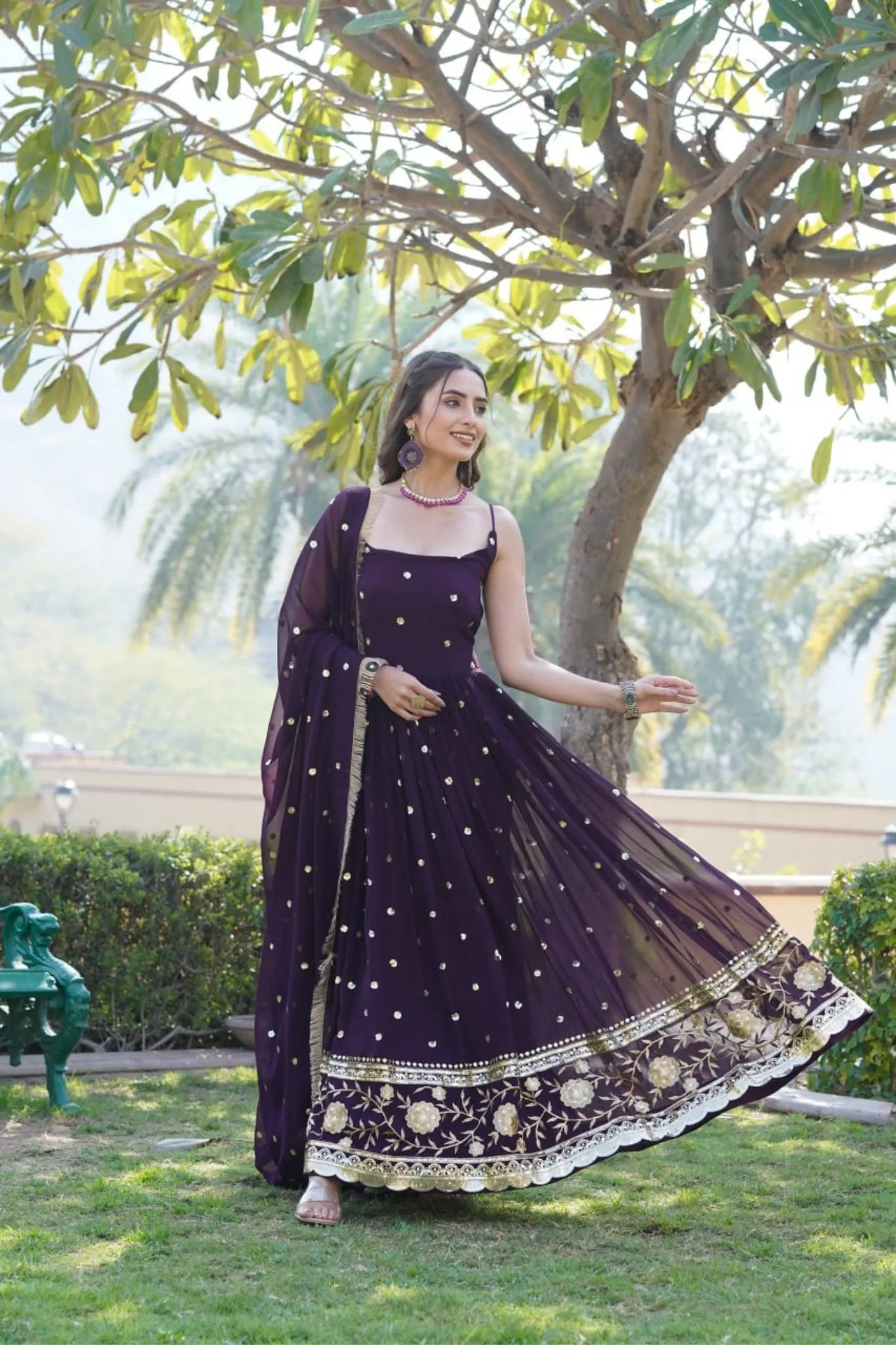 Round Neck Designer Readymade Embroidered Work Gown