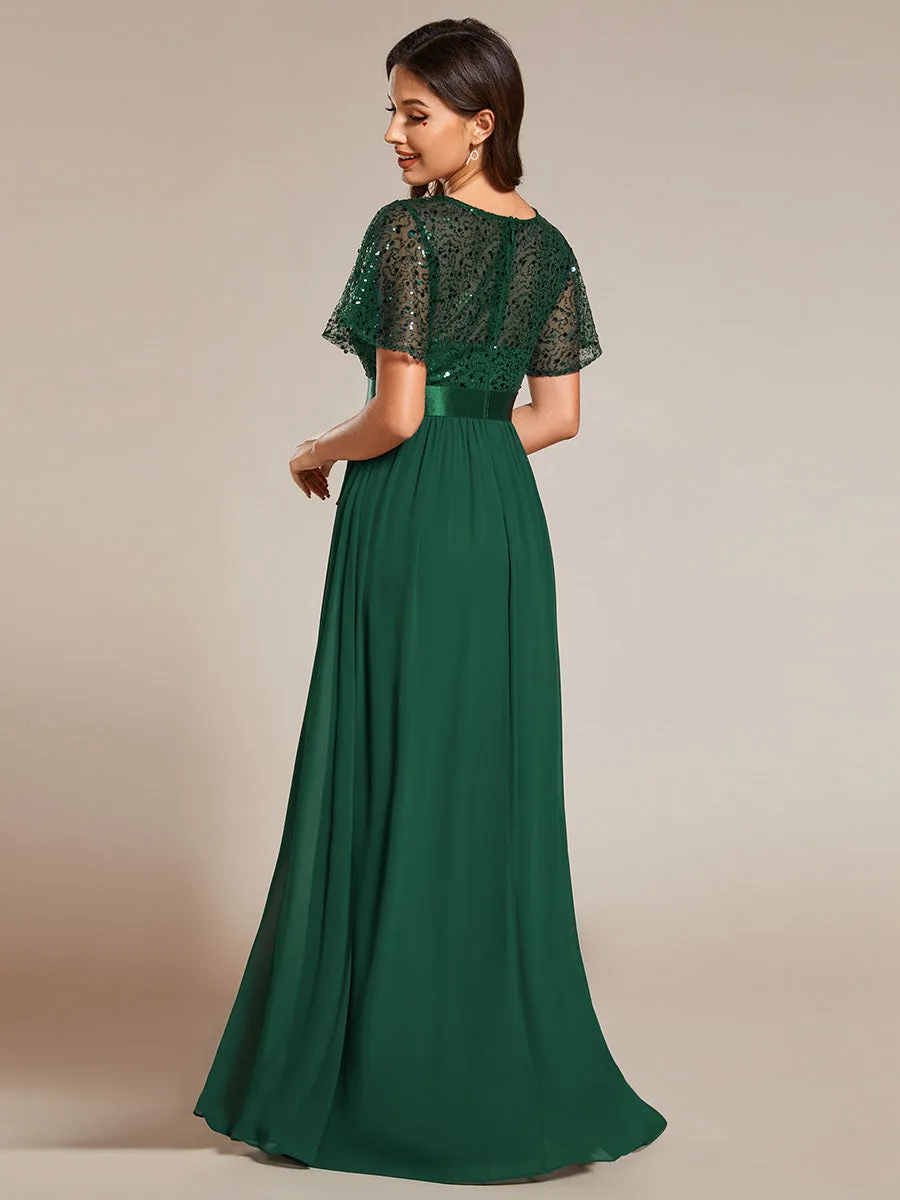 Round-Neck Sequin Chiffon High Waist Formal Evening Dress With Short Sleeves