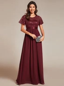 Round-Neck Sequin High Waist Short-Sleeved Formal Evening Dress