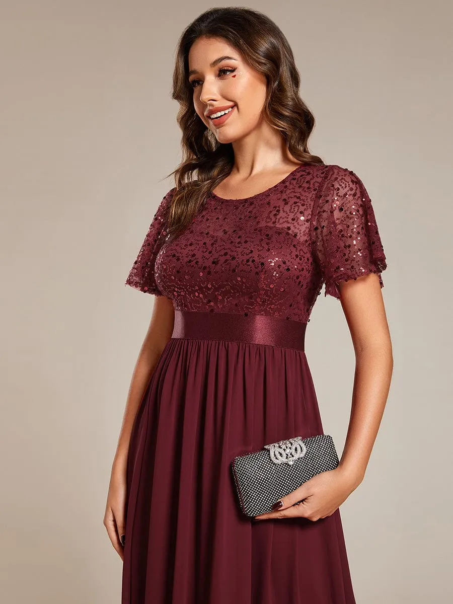 Round-Neck Sequin High Waist Short-Sleeved Formal Evening Dress