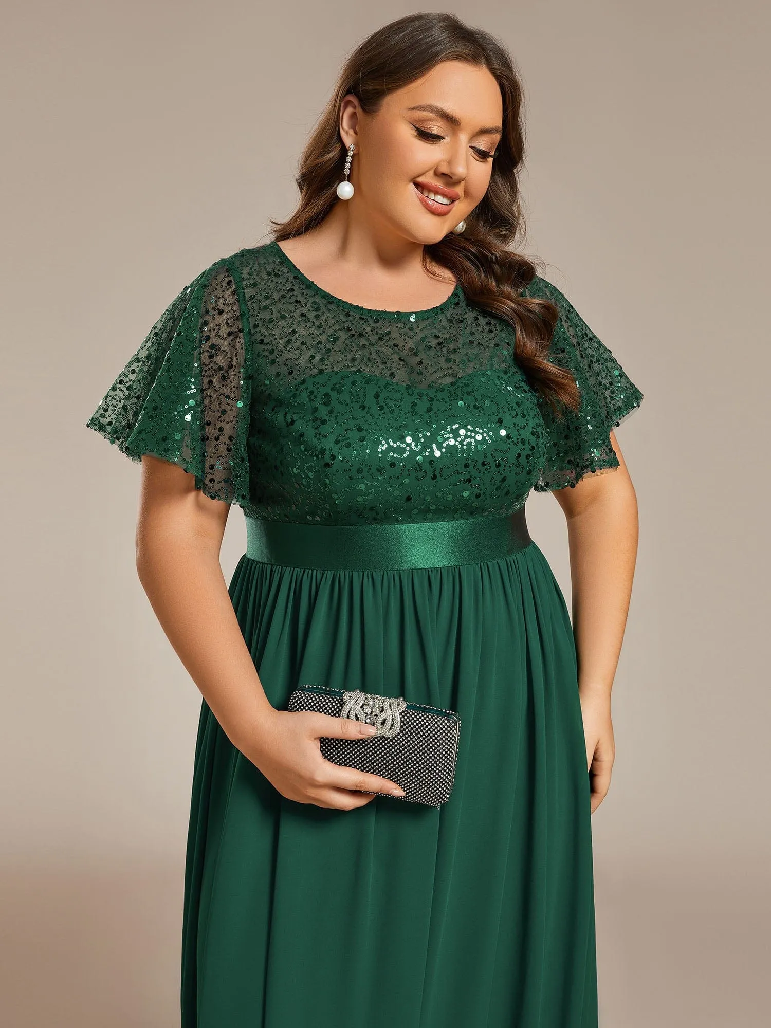 Round-Neck Sequin High Waist Short-Sleeved Formal Evening Dress