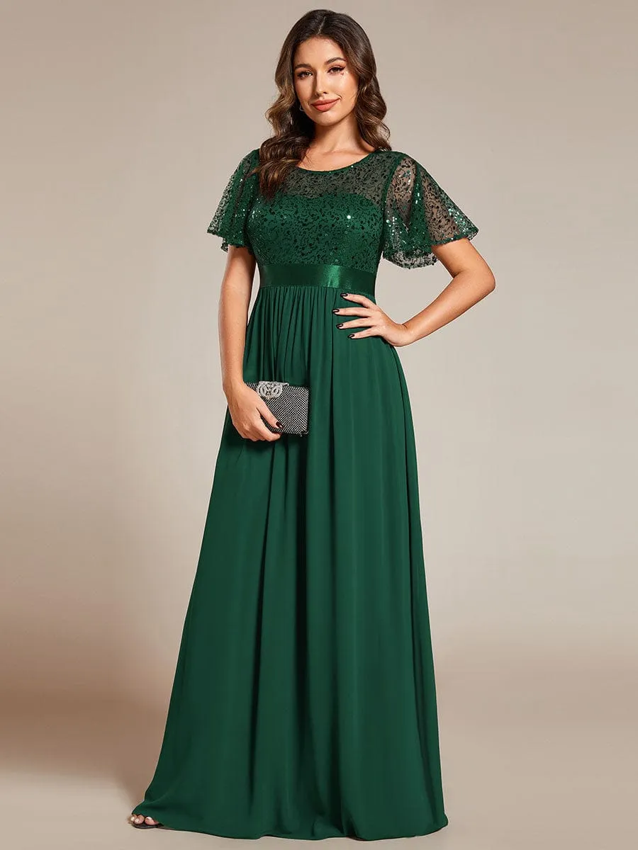 Round-Neck Sequin High Waist Short-Sleeved Formal Evening Dress