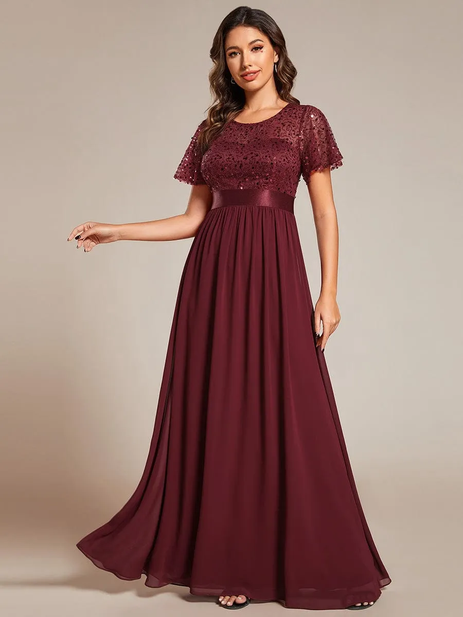 Round-Neck Sequin High Waist Short-Sleeved Formal Evening Dress