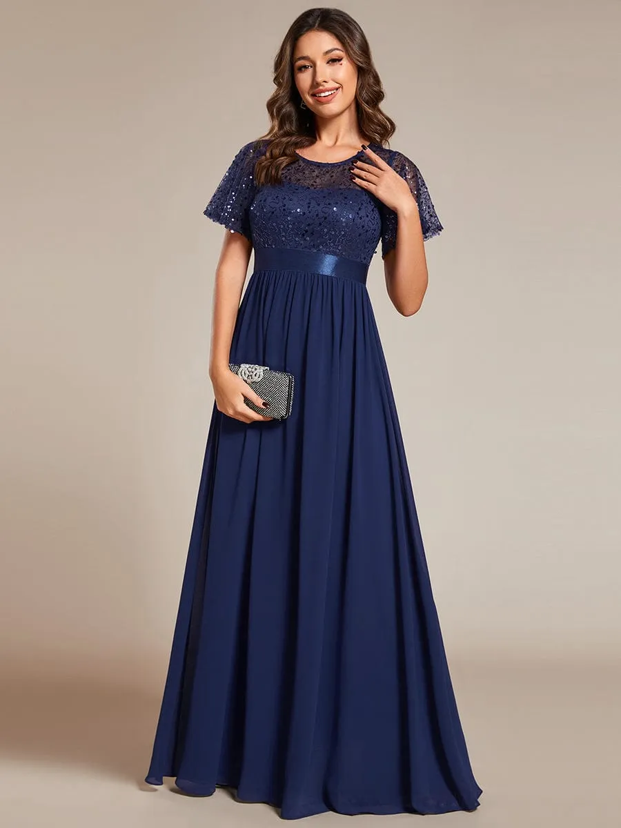 Round-Neck Sequin High Waist Short-Sleeved Formal Evening Dress