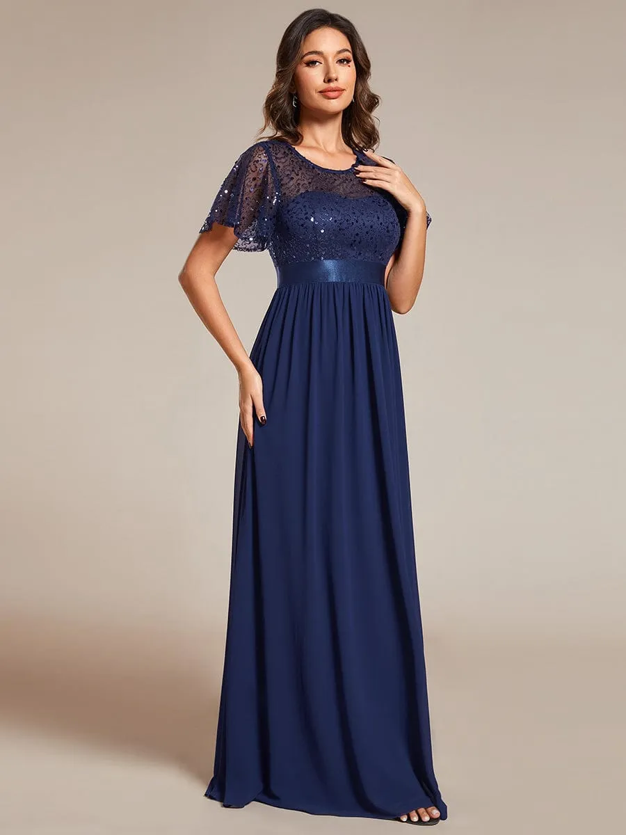 Round-Neck Sequin High Waist Short-Sleeved Formal Evening Dress