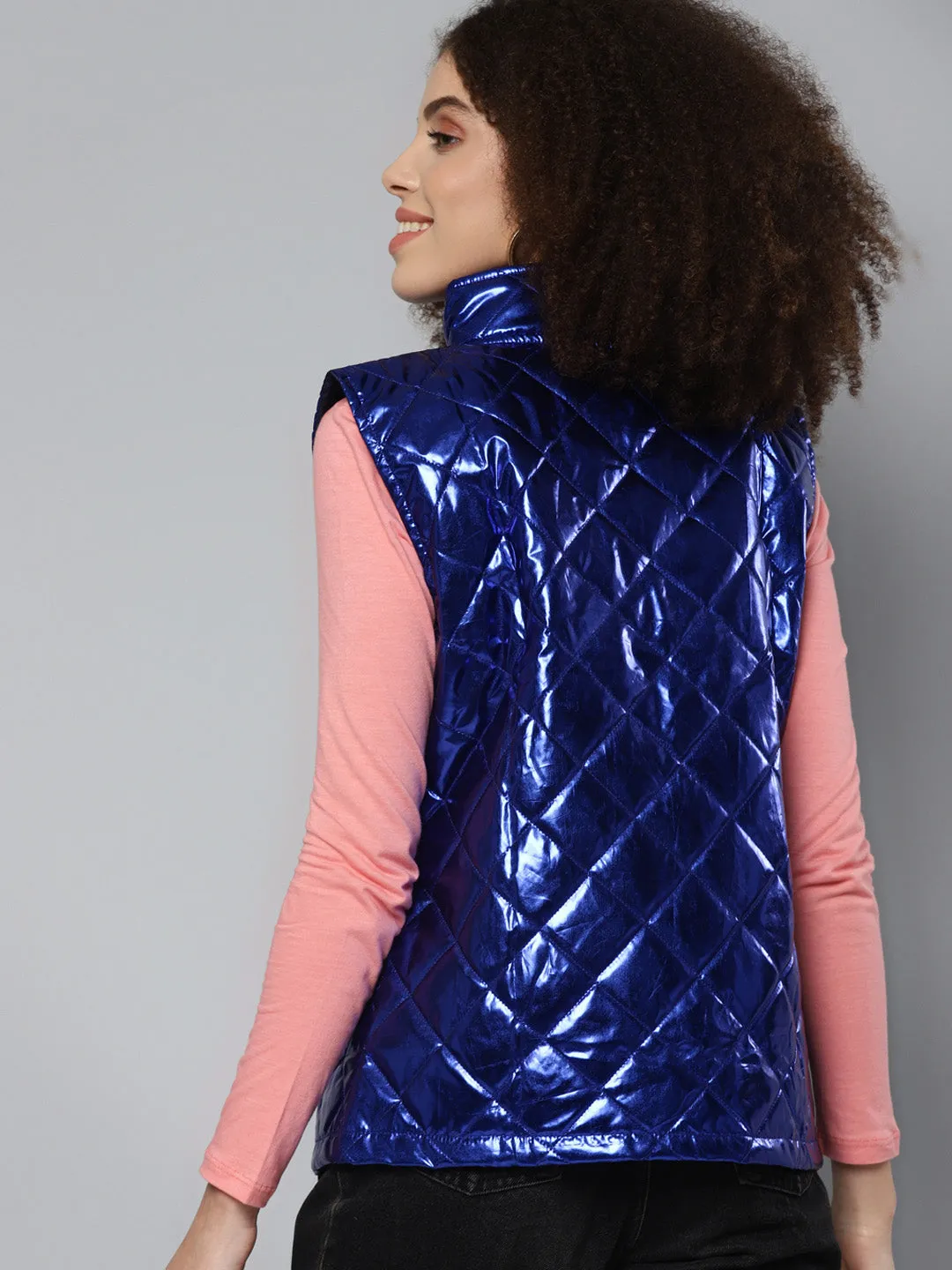 Royal Blue Metallic Sleeveless Puffer Jacket