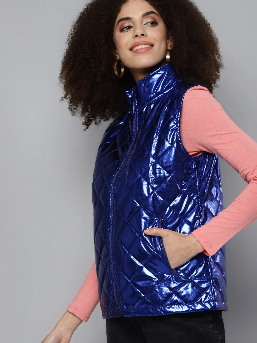 Royal Blue Metallic Sleeveless Puffer Jacket