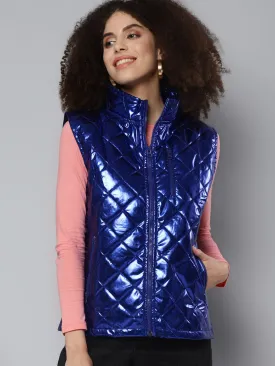 Royal Blue Metallic Sleeveless Puffer Jacket