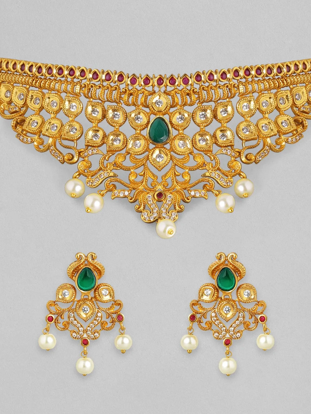 Rubans 24K Gold Plated Handcrafted Faux Emerald Traditional Choker Set