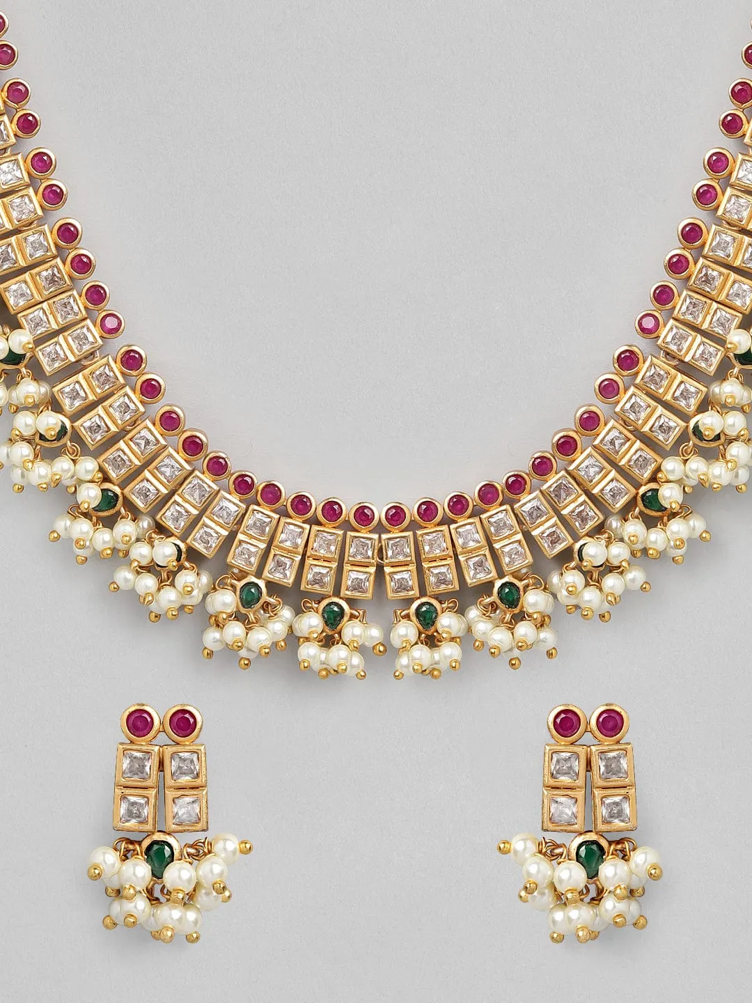 Rubans 24K Gold Plated Handcrafted Ruby Stone with Pearls Necklace Set