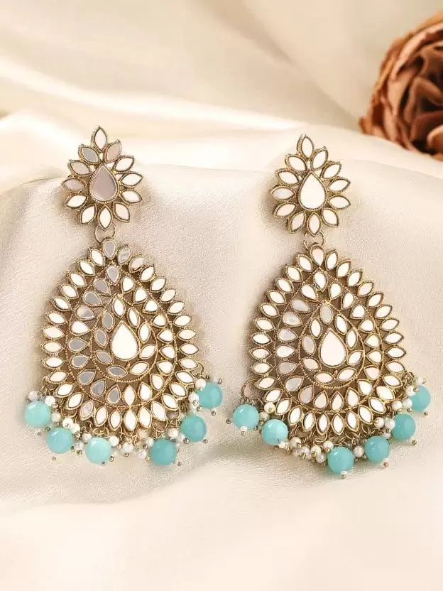 Rubans Domed Teardrop Mirror Earrings with Turquoise Beads