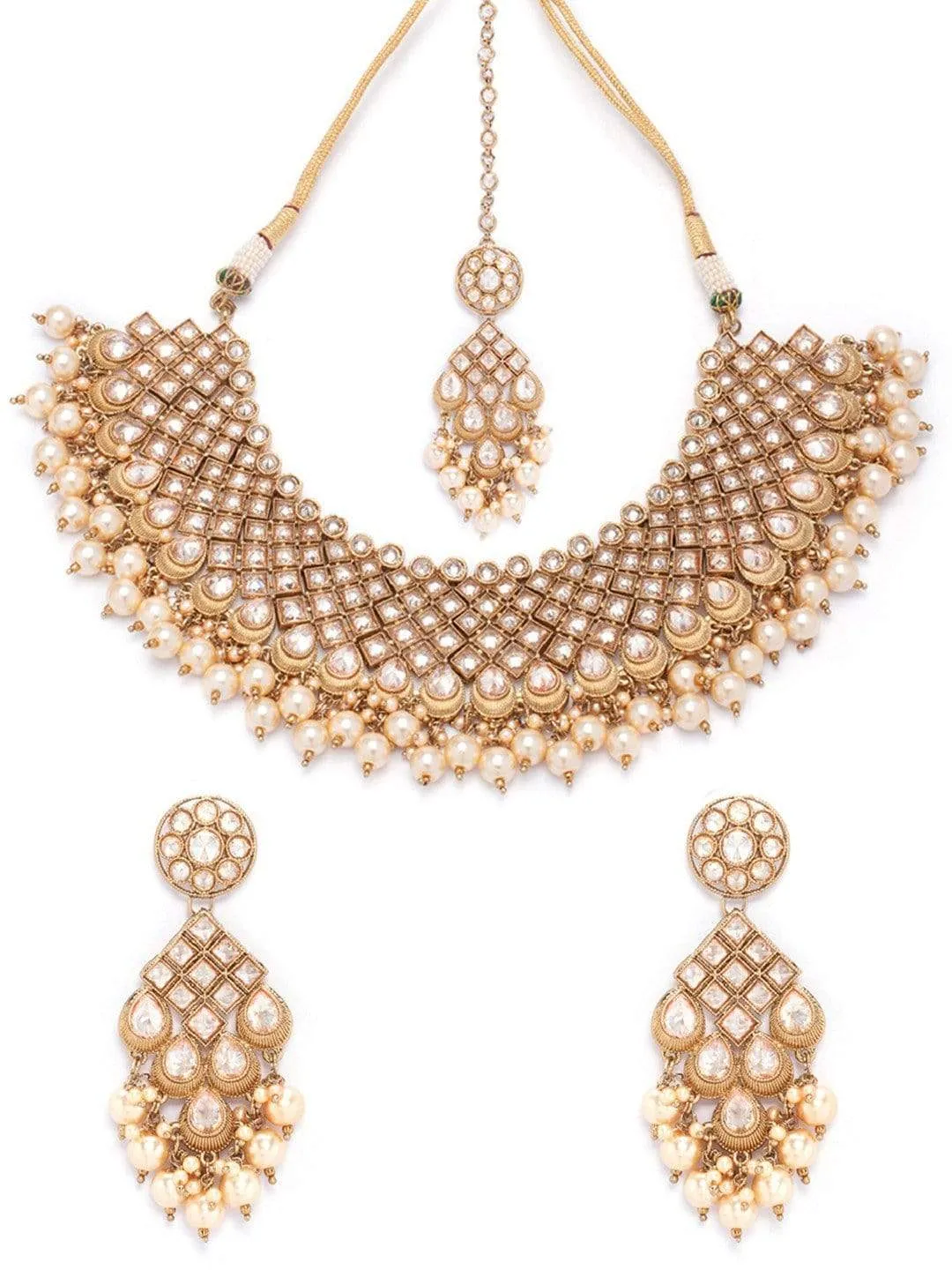 Rubans Gold Plated AD Studded Embellished With Pearls Statement Necklace Set With Maangtikka