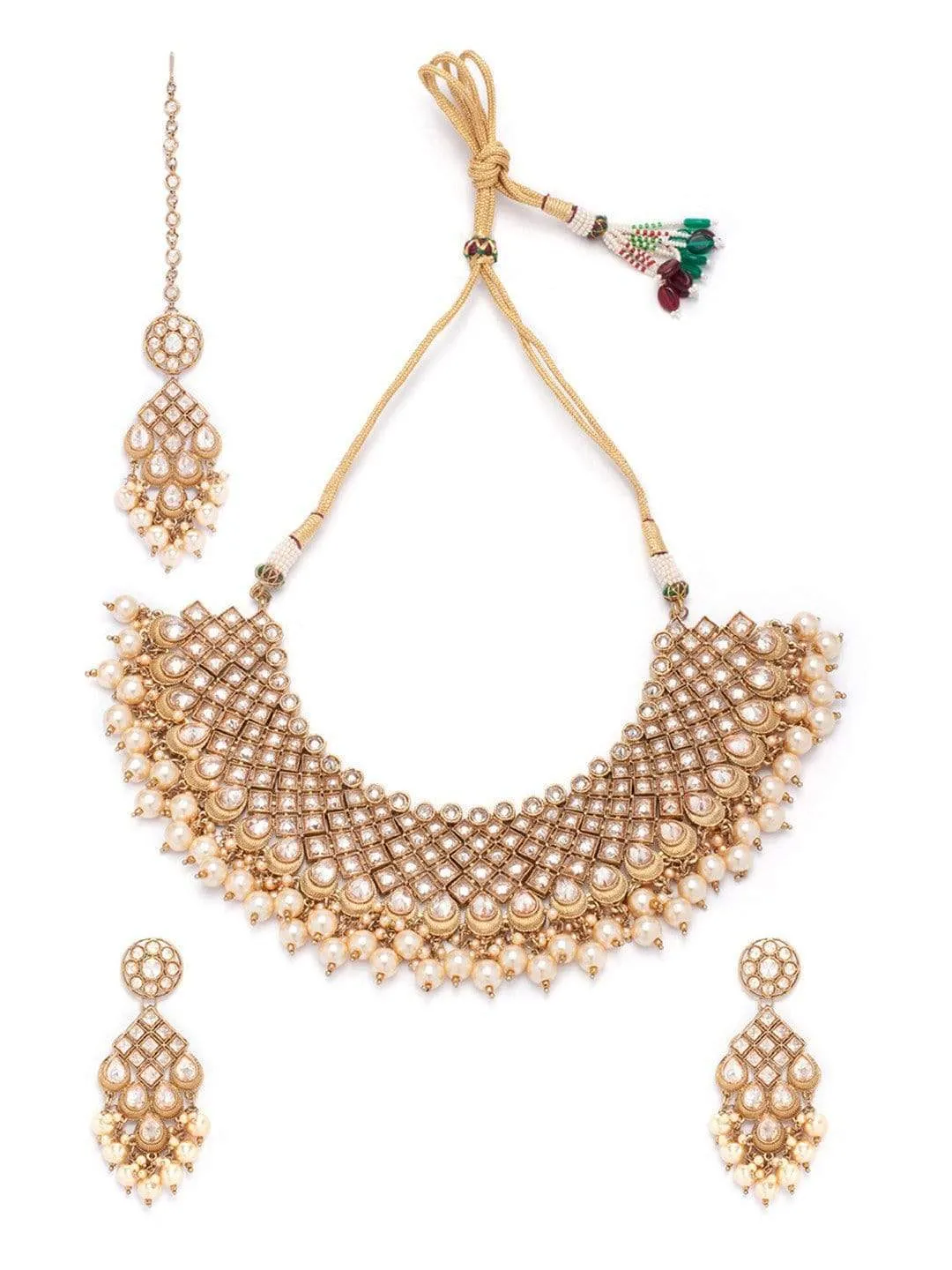 Rubans Gold Plated AD Studded Embellished With Pearls Statement Necklace Set With Maangtikka