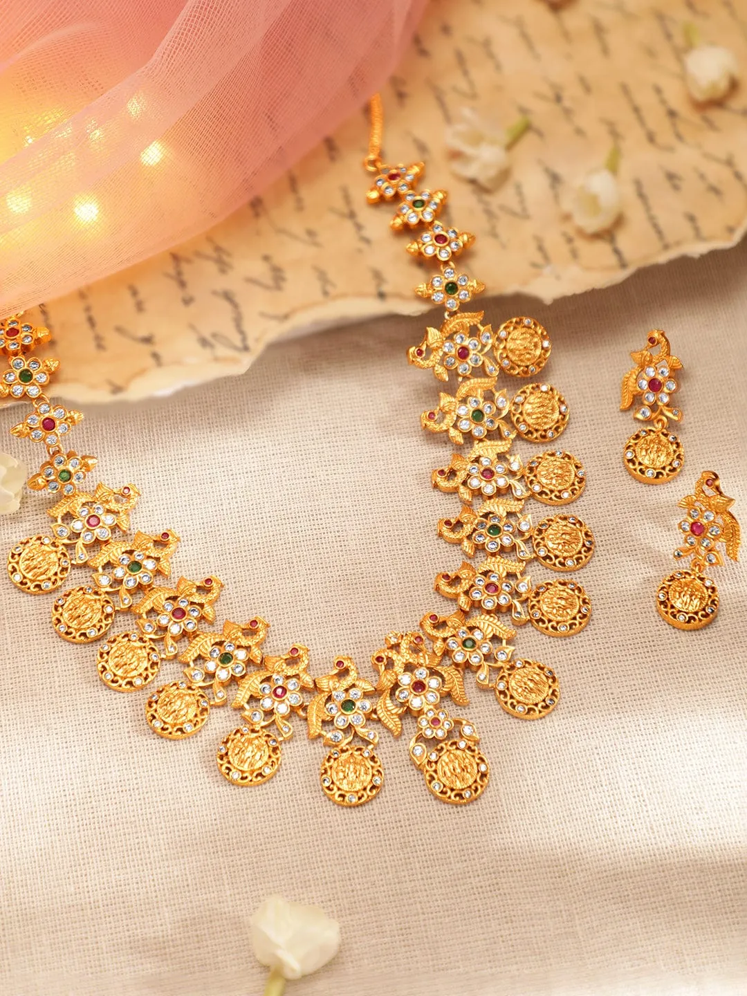 Rubans Gold Plated  CZ Studded Floral Temple Jewellery Set