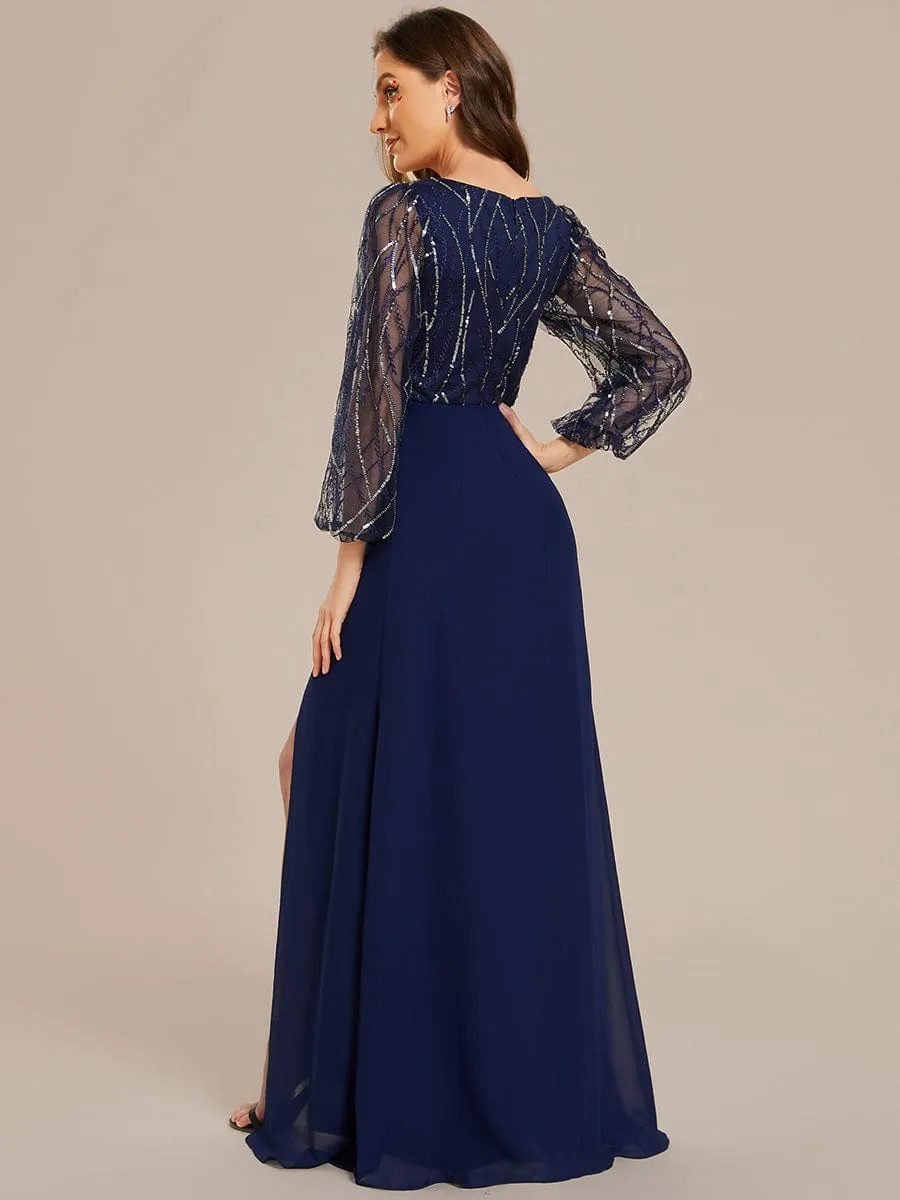 Sequin See-through Long Sleeves High Slit Chiffon A-Line Evening Dress