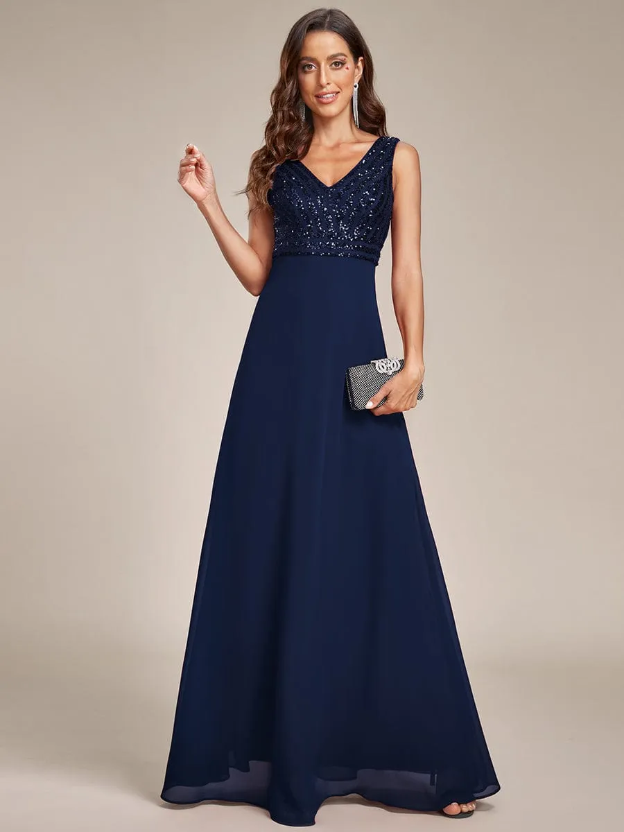 Sequin Sleeveless Double V-Neck Formal Evening Dress