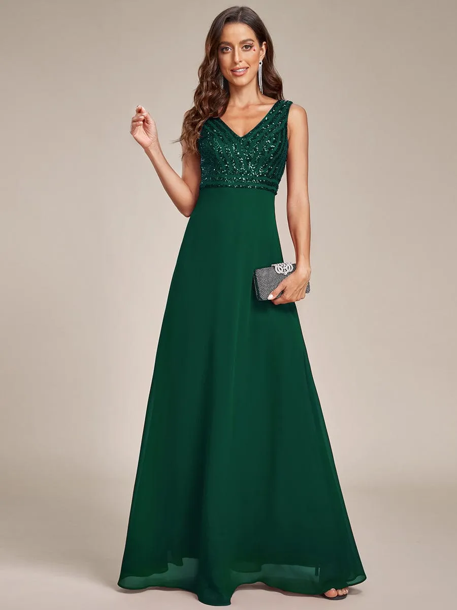 Sequin Sleeveless Double V-Neck Formal Evening Dress