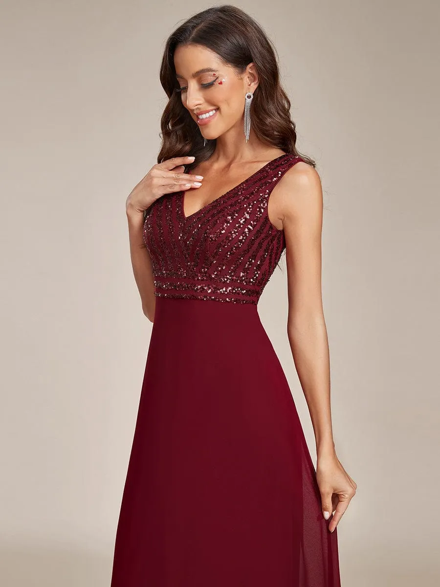 Sequin Sleeveless Double V-Neck Formal Evening Dress