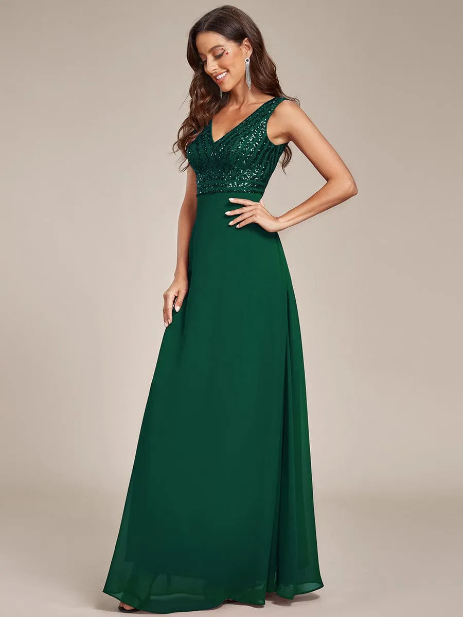 Sequin Sleeveless Double V-Neck Formal Evening Dress