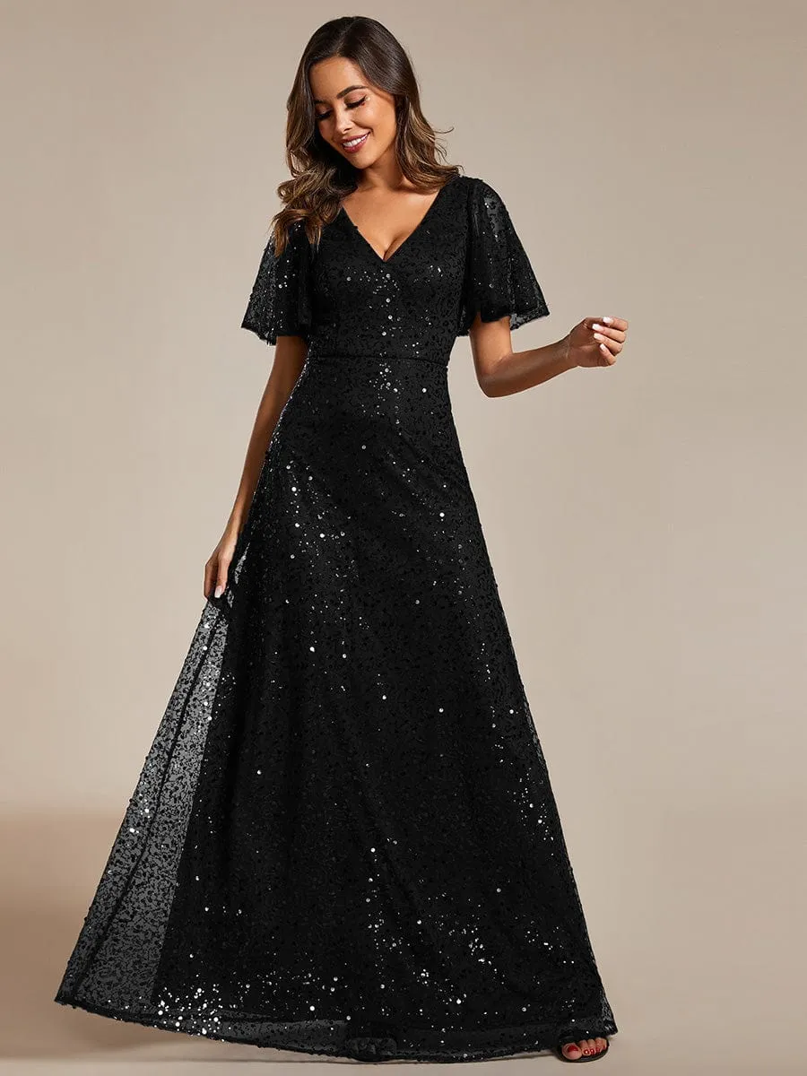 Shimmering All Over Sequin Short Sleeves A-Line Formal Evening Dress