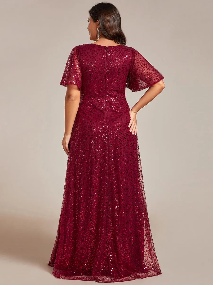 Shimmering All Over Sequin Short Sleeves A-Line Formal Evening Dress