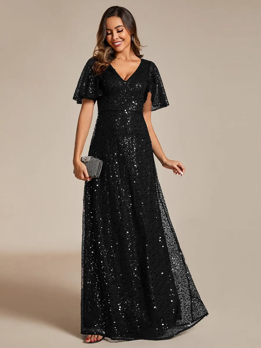 Shimmering All Over Sequin Short Sleeves A-Line Formal Evening Dress