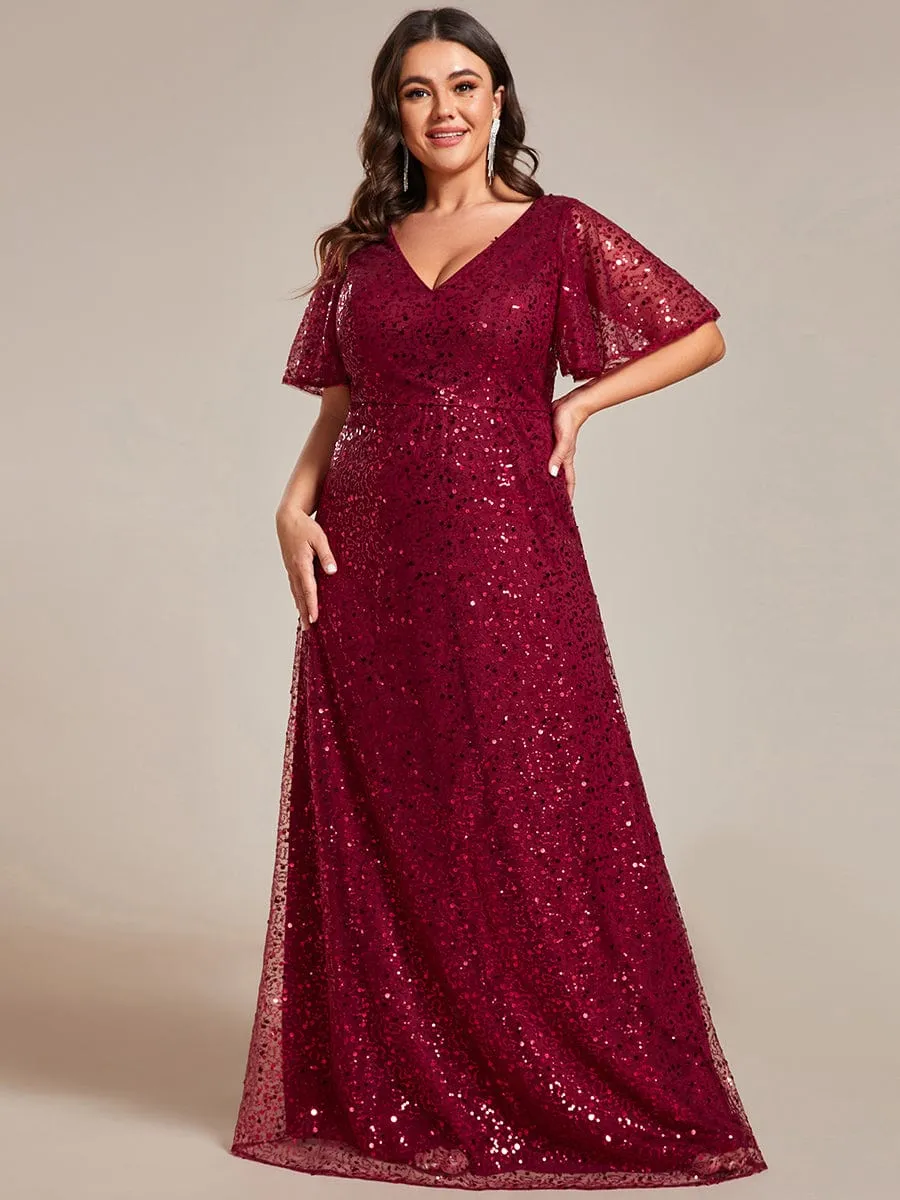 Shimmering All Over Sequin Short Sleeves A-Line Formal Evening Dress