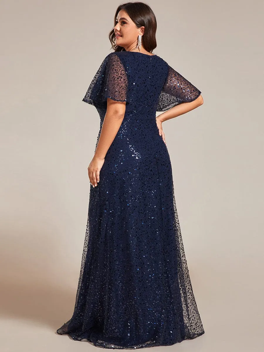 Shimmering All Over Sequin Short Sleeves A-Line Formal Evening Dress