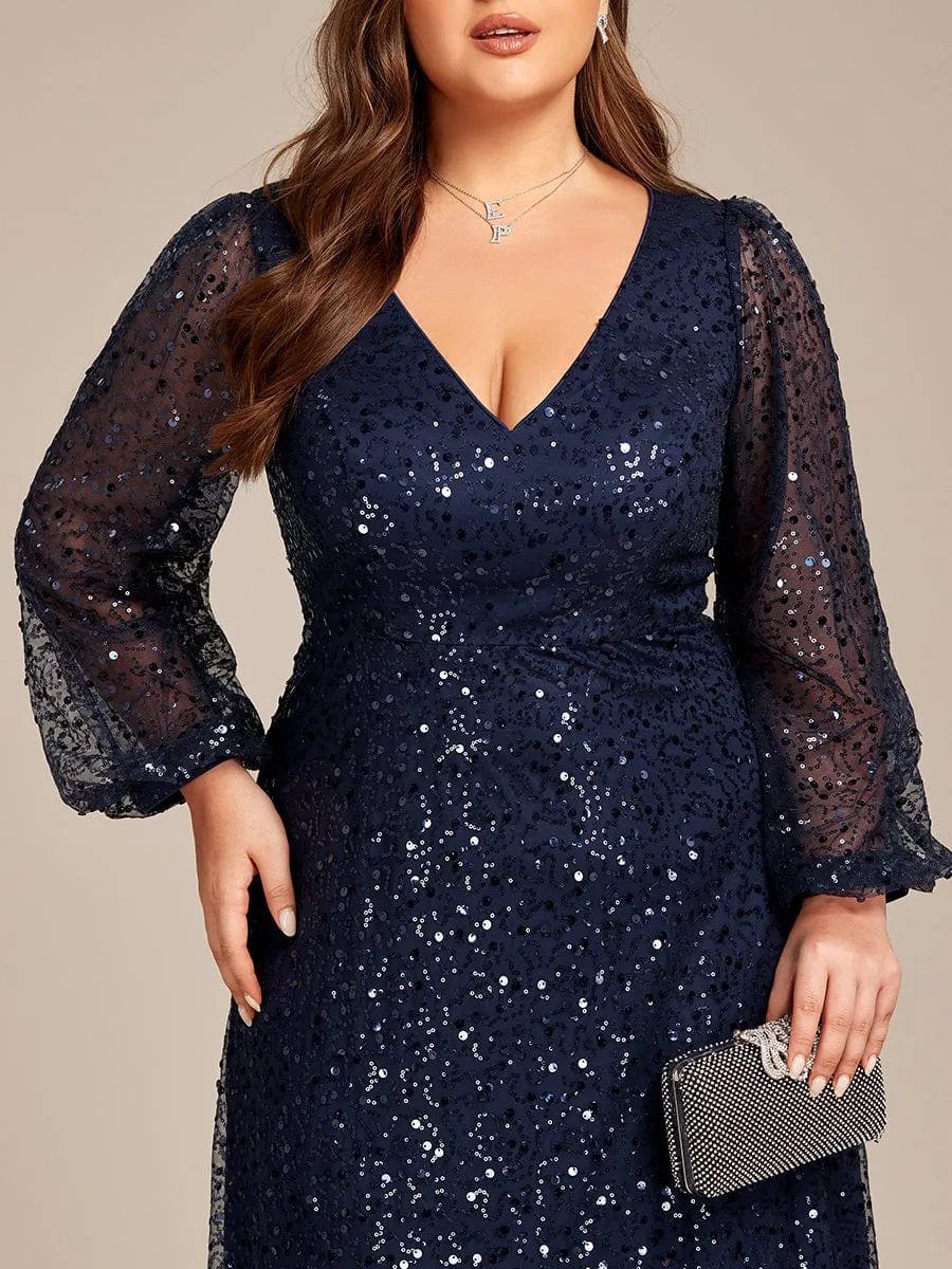 Shimmering All Over V-Neck Long Lantern Sleeve Sequin A-Line Evening Dress