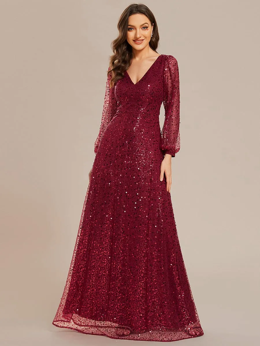 Shimmering All Over V-Neck Long Lantern Sleeve Sequin A-Line Evening Dress