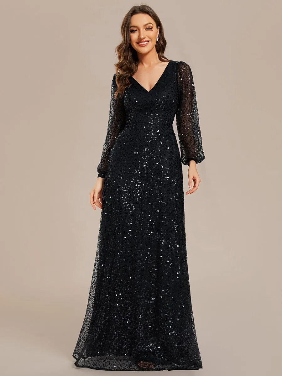 Shimmering All Over V-Neck Long Lantern Sleeve Sequin A-Line Evening Dress