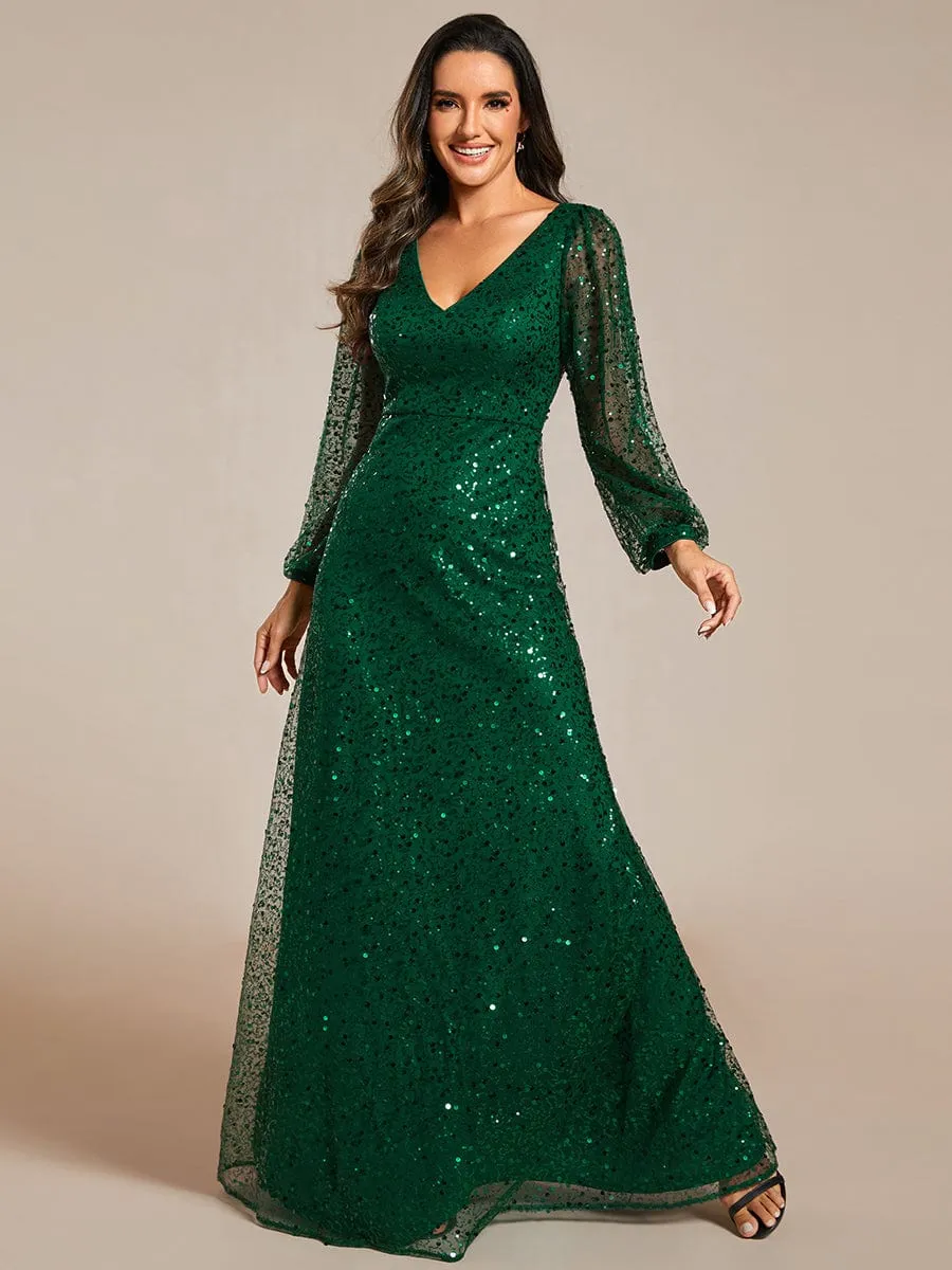 Shimmering All Over V-Neck Long Lantern Sleeve Sequin A-Line Evening Dress