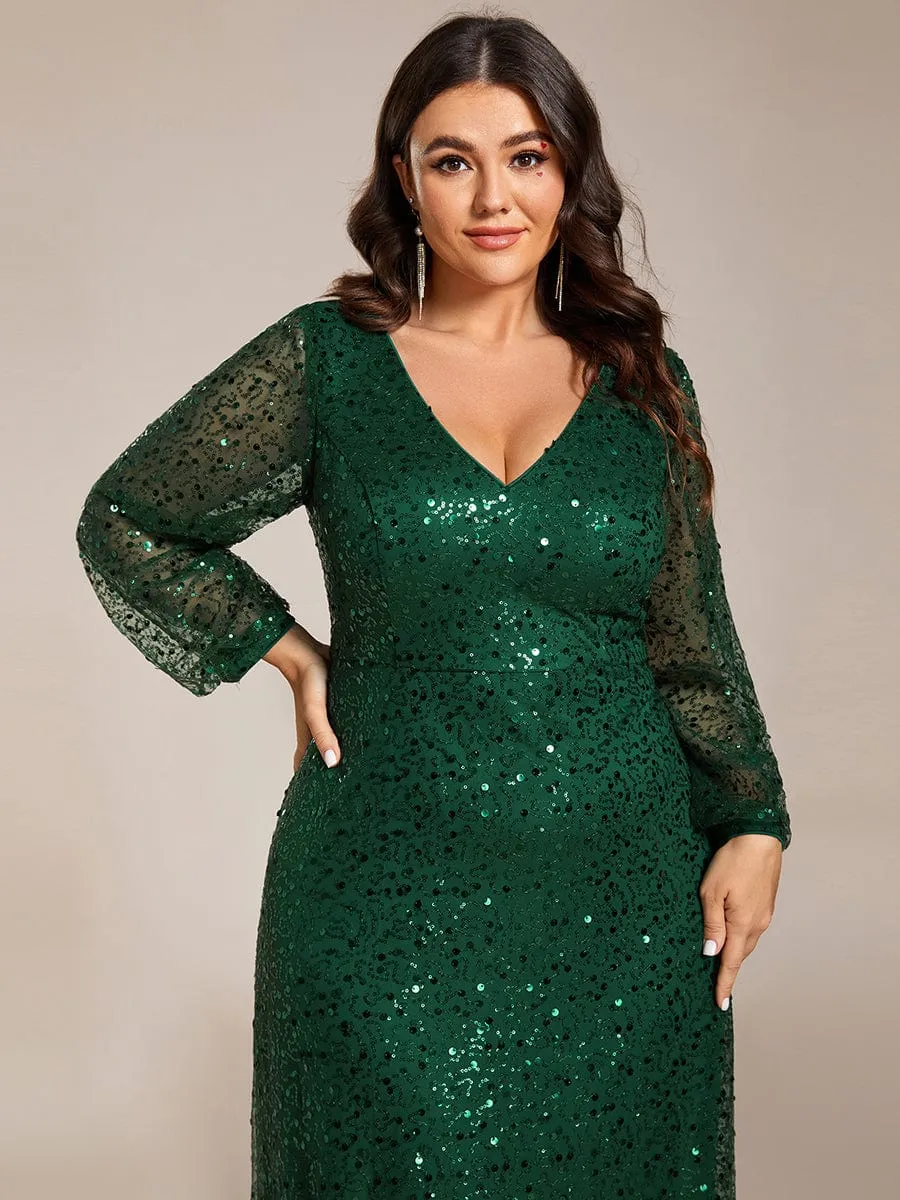 Shimmering All Over V-Neck Long Lantern Sleeve Sequin A-Line Evening Dress