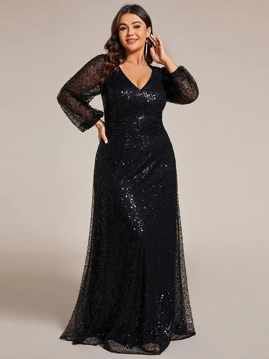 Shimmering All Over V-Neck Long Lantern Sleeve Sequin A-Line Evening Dress