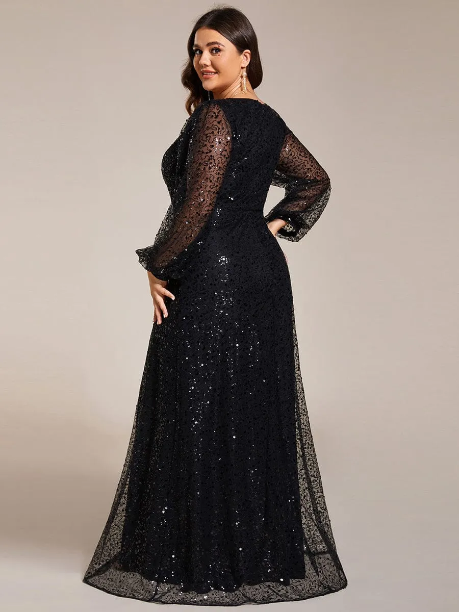 Shimmering All Over V-Neck Long Lantern Sleeve Sequin A-Line Evening Dress