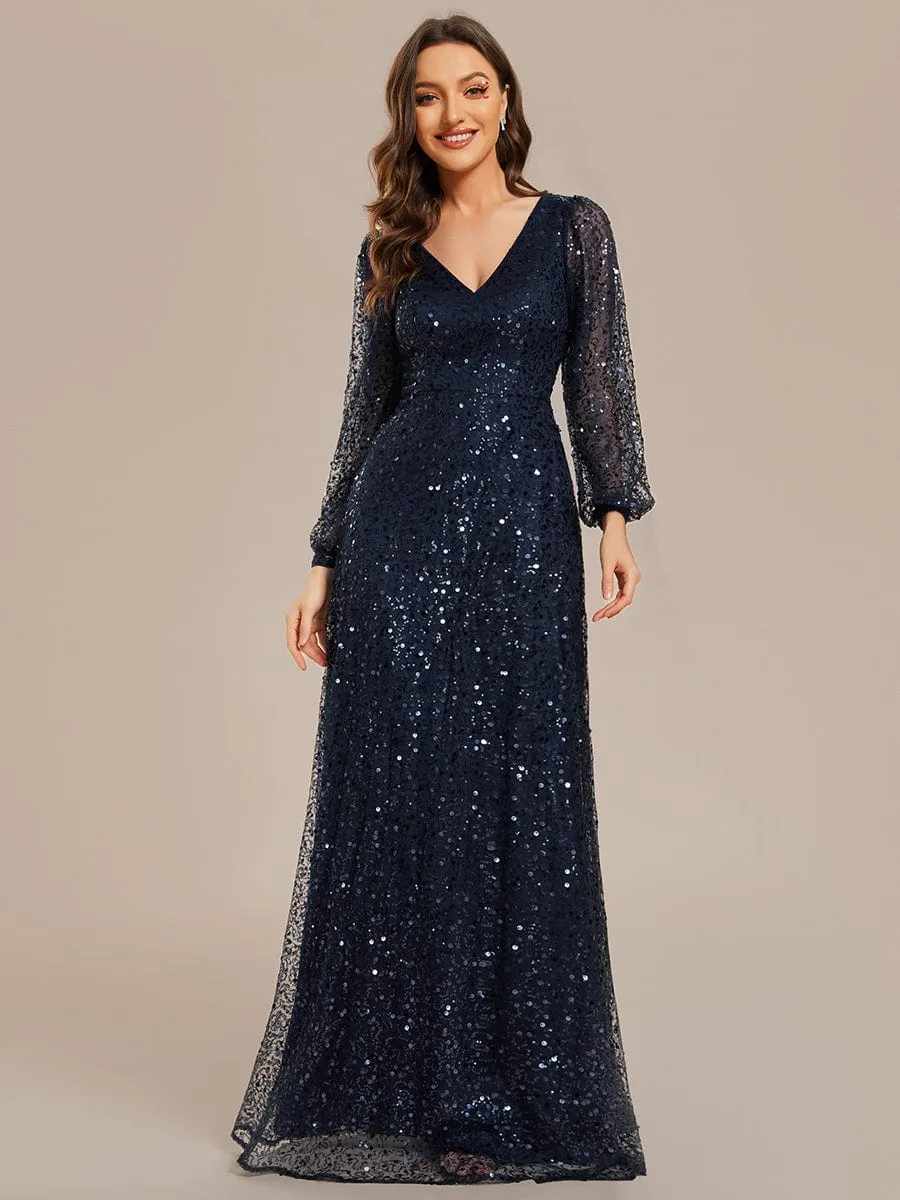 Shimmering All Over V-Neck Long Lantern Sleeve Sequin A-Line Evening Dress