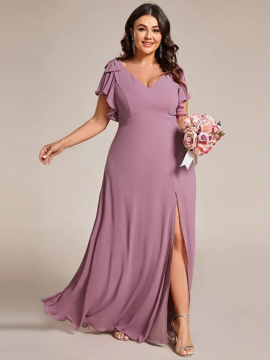 Short Sleeves with Bowknot High Front Slit A-Line Chiffon Bridesmaid Dress