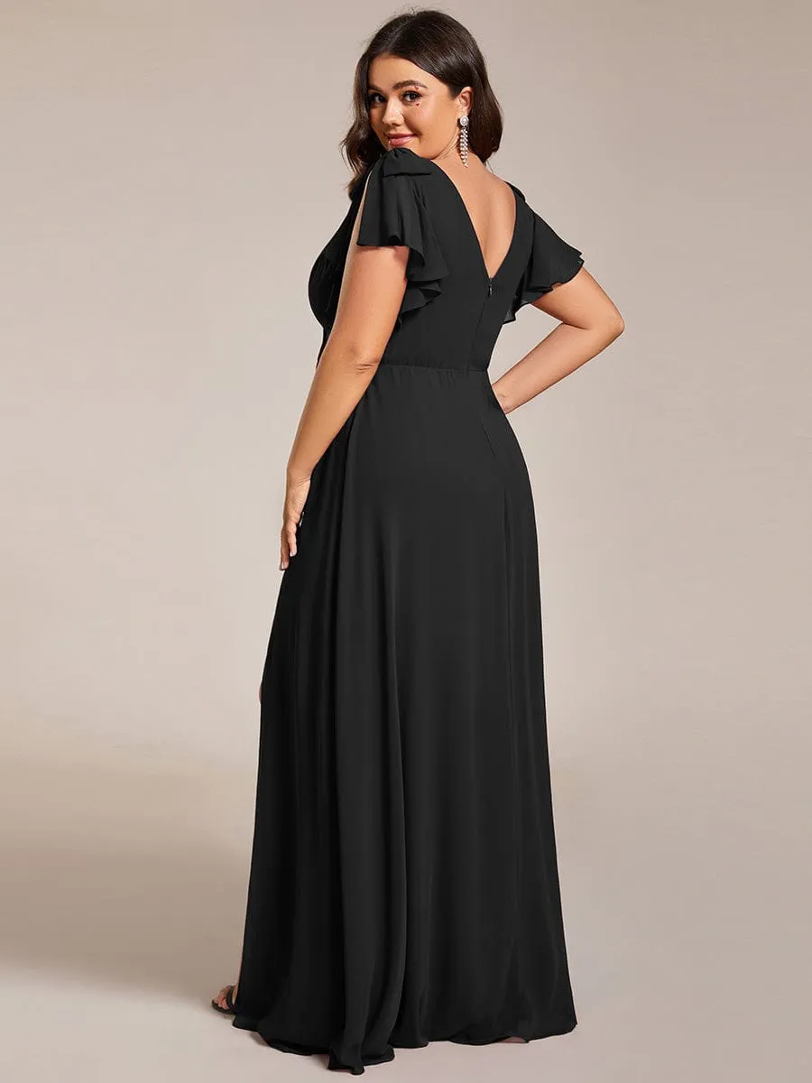 Short Sleeves with Bowknot High Front Slit A-Line Chiffon Bridesmaid Dress