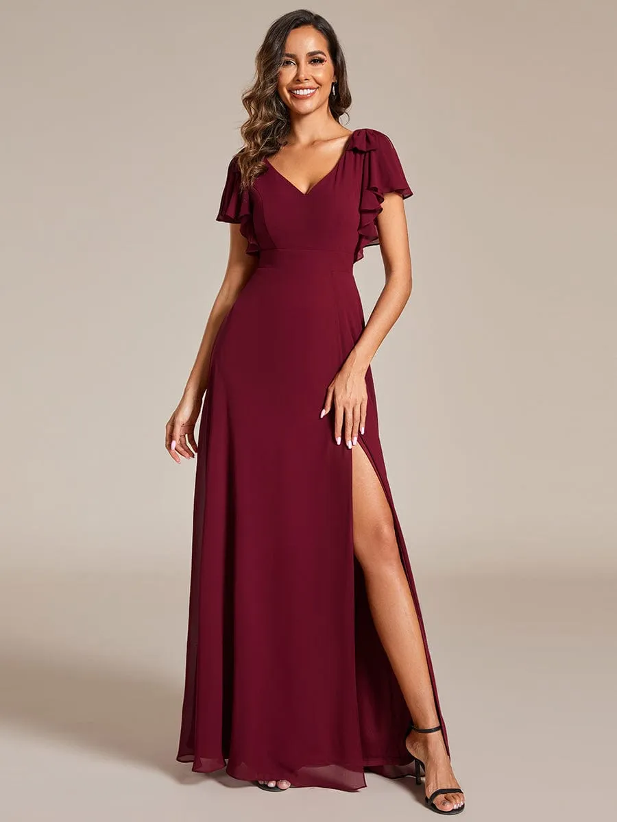 Short Sleeves with Bowknot High Front Slit A-Line Chiffon Bridesmaid Dress