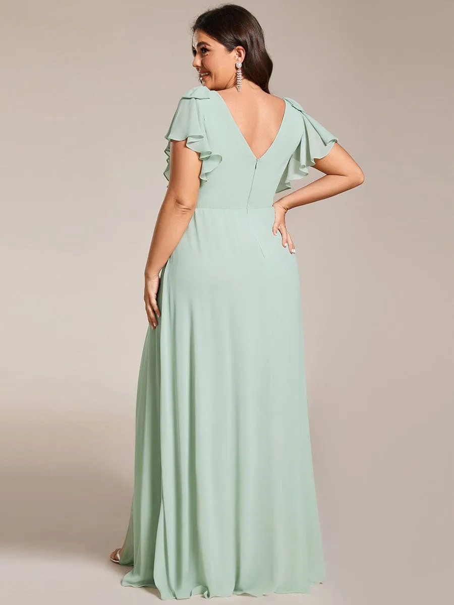 Short Sleeves with Bowknot High Front Slit A-Line Chiffon Bridesmaid Dress