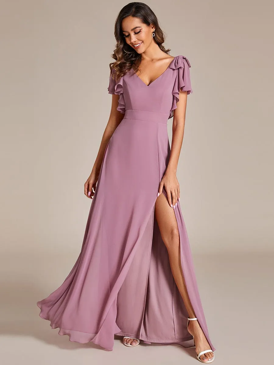 Short Sleeves with Bowknot High Front Slit A-Line Chiffon Bridesmaid Dress