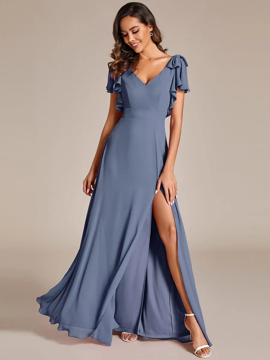 Short Sleeves with Bowknot High Front Slit A-Line Chiffon Bridesmaid Dress