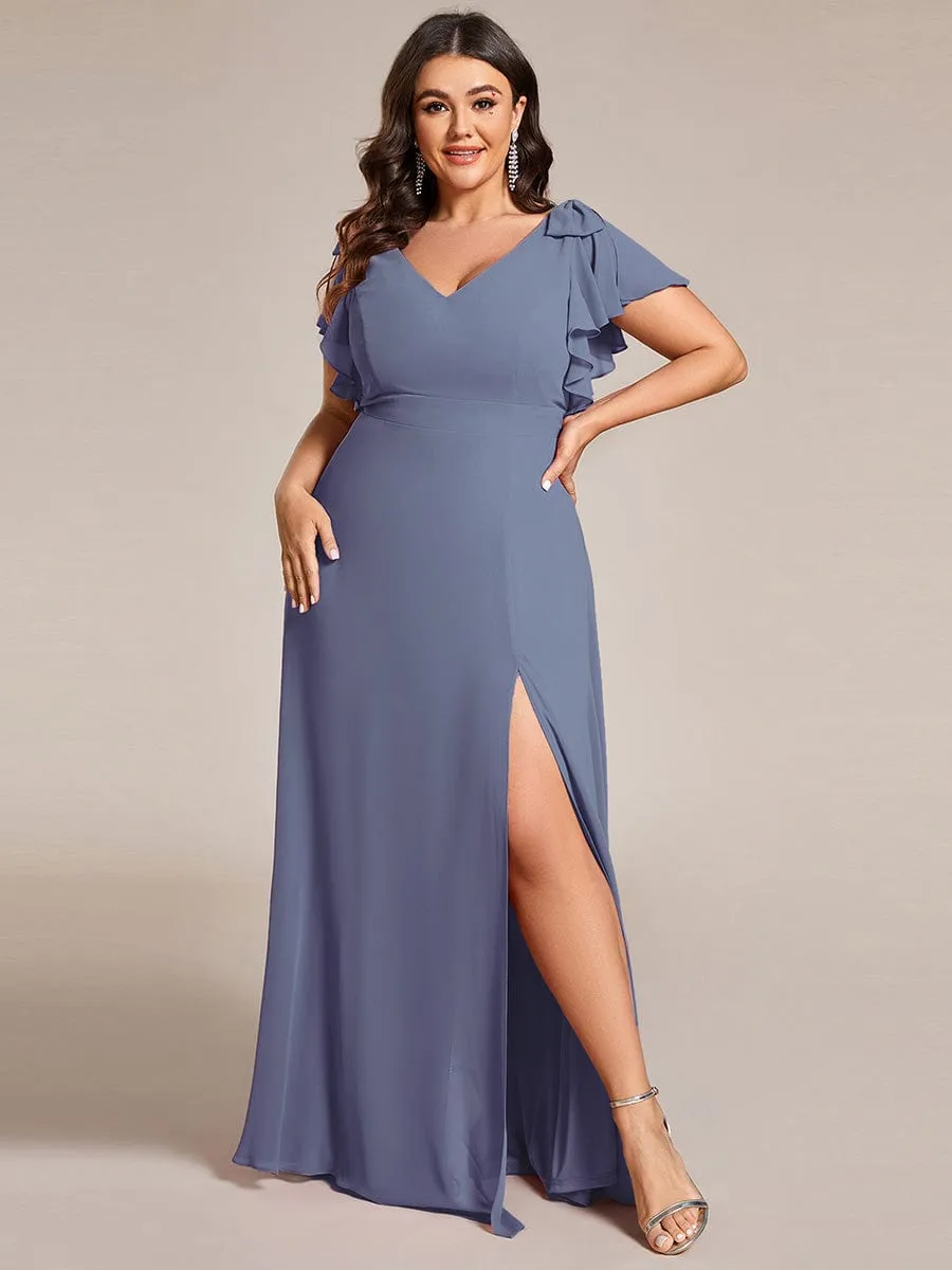 Short Sleeves with Bowknot High Front Slit A-Line Chiffon Bridesmaid Dress