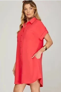 Sky Woven Shirt Dress with Pockets Hot Coral Red