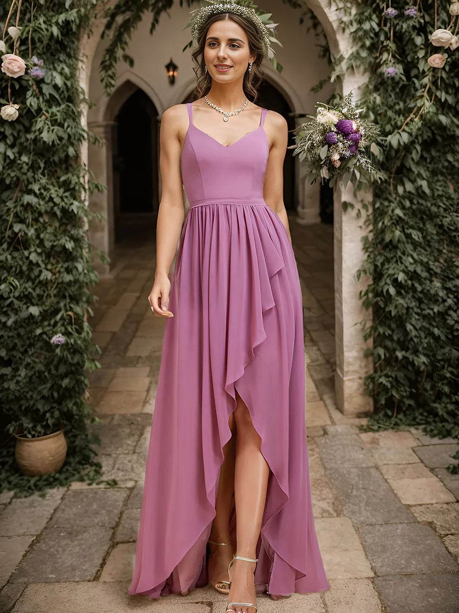 Spaghetti Straps Slit A-Line Wholesale Chiffon Bridesmaid Dress With Ruffle Detail