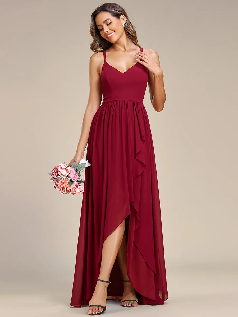 Spaghetti Straps Slit A-Line Wholesale Chiffon Bridesmaid Dress With Ruffle Detail