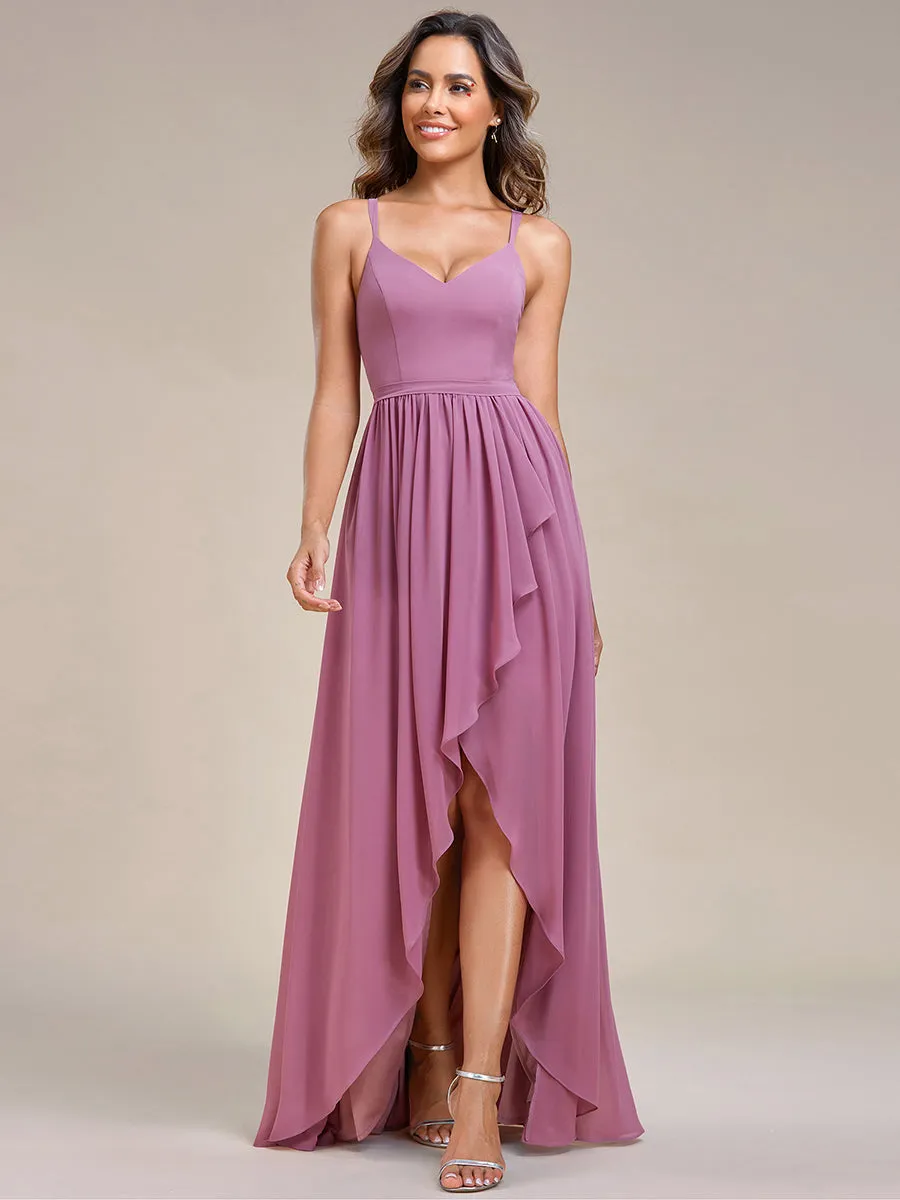 Spaghetti Straps Slit A-Line Wholesale Chiffon Bridesmaid Dress With Ruffle Detail