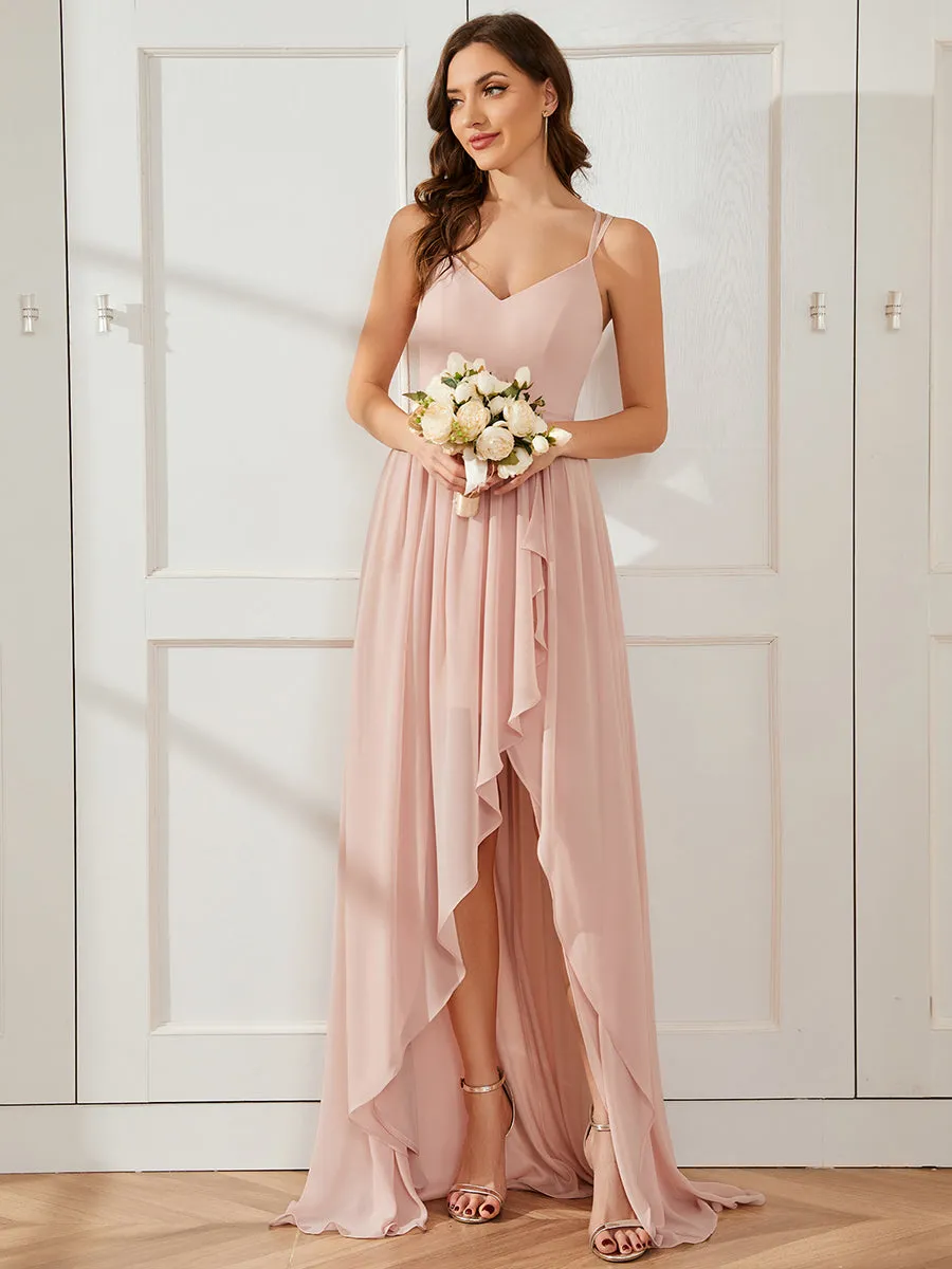 Spaghetti Straps Slit A-Line Wholesale Chiffon Bridesmaid Dress With Ruffle Detail